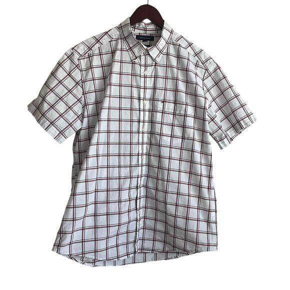 Tommy‎ Hilfiger Mens Shirt L Red Blue Plaid Button Poplin Preppy Office Travel - Picture 1 of 10